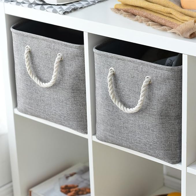 Storage Basket for Shelves - 17X15X12 inch 2 Pack Collapsible Storage Bin with Rope, Canvas Fabric Storage Cubes for Cloth Decorative Books Nursery (Grey)-Ruum Studio Home