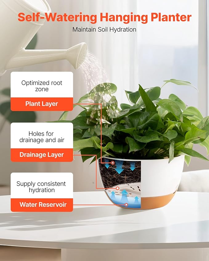 VEVOR Hanging Planters, 10 Inch Self-Watering Hanging Planter, 2 Pack Flower Pots with Drainage Hole & 2 Kinds of Plant Hangers, Plastic Basket Pots, for Garden Home Decor, Indoor & Outdoor Plants-Ruum Studio Home