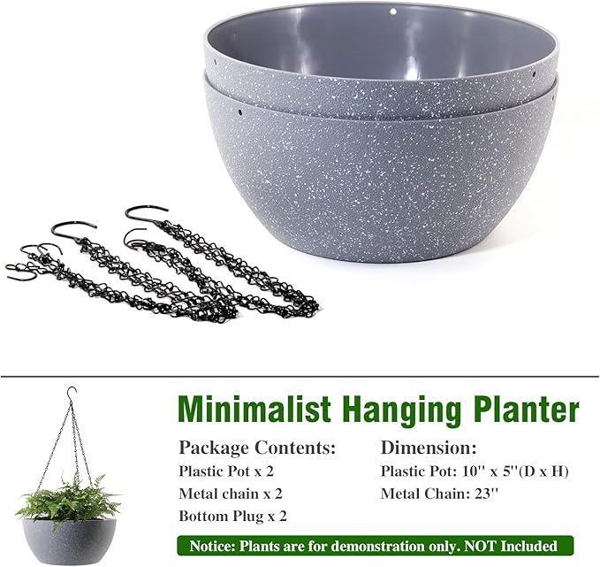 10 inch Hanging Planters for Outdoor Indoor Plants with Drainage Holes and Chain, 2 Pack Round Hanging Flower Plant Pots for Garden Home Porch Decor, Speckled Grey-Ruum Studio Home