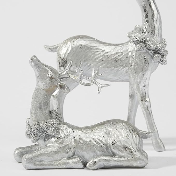 DN DECONATION Christmas Reindeer Figurines, Winter Deer Small Statues Decor, Silver Decorative Reindeer Sculptures, Resin Xmas Holiday Home Décor Accents for Office Living Room & Bedroom 2PCS-Ruum Studio Home