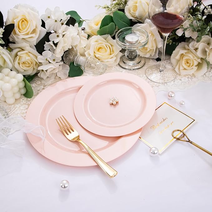 FLOWERCAT 60PCS Pink Plastic Plates - Heavy Duty Pink Plates Disposable for Party/Mother's Day/Wedding - serving 30 guests Include 30PCS 10.25inch & 30PCS 7.5inch-Ruum Studio Home