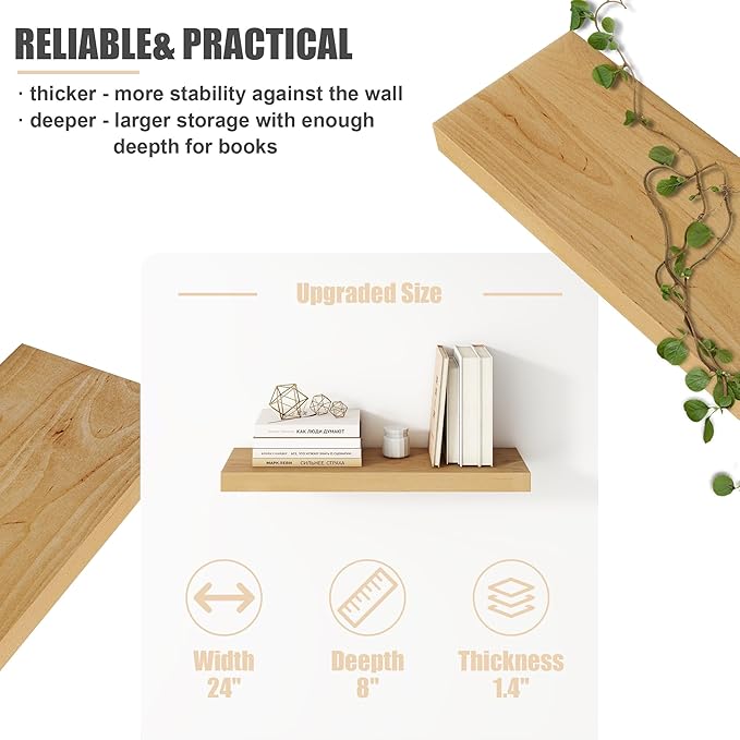 Floating Shelves for Wall, USA-Sourced Brich Wood 24 Inch Wall Shelves Set of 2, Natural Wooden Mounted Picture Ledge Shelf, Nursery Book Storage Shelf Kids Bookshelf Display, Shelf for Bathroom-Ruum Studio Home