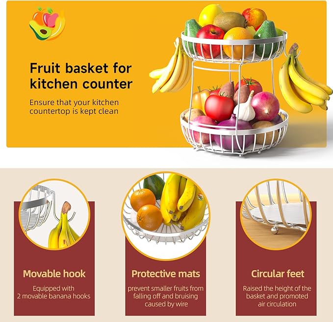 2 Tier Fruit Basket for Kitchen Counter with 2 Banana Hangers, Metal Stackable Fruit Bowl for Kitchen Counter for Bread Vegetable Fruits, Silvery-Ruum Studio Home