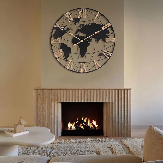 36 Inch Extra Giant Oversized Black Metal Wall Clock,Large Modern Decorative Silent World Map Wall Clock with Vintage Gold Roman Numeral for Living Room,Entrance Fireplace,Dining Room Decor-Ruum Studio Home