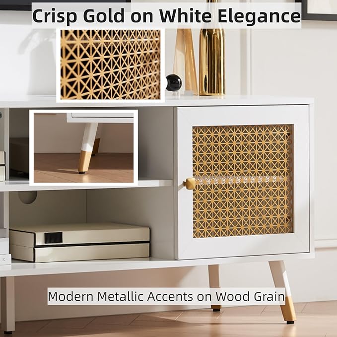 JYED Mid Century Modern TV Stand and Console for TVs Up to 75" - White Entertainment Center, 2 Gold Metal Mesh Doors & MDF Wood Grain, 15.8" D x 66" W x 23.5" H-Ruum Studio Home