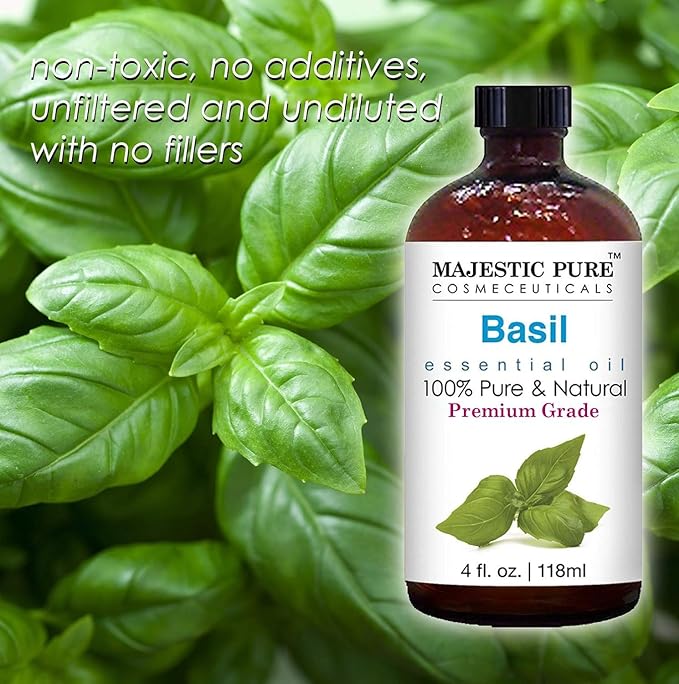 Majestic Pure Basil Essential Oil with Glass Dropper - Huge 4 Fl Oz - 100% Pure and Natural Basil Oil - Premium Grade Essential Oils for Diffuser, Aromatherapy, Soap and Candle Making-Ruum Studio Home