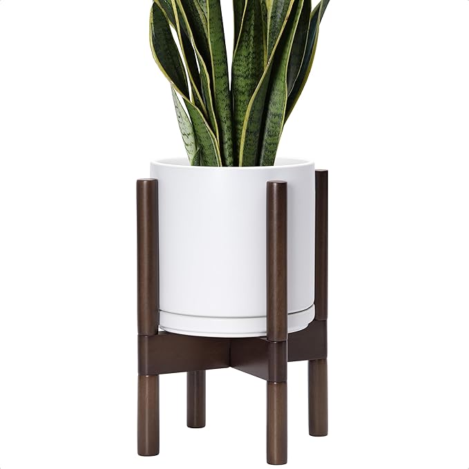 D'vine Dev Ceramic Planter with Walnut Color Stand - 8 Inch Modern Round Flower Pot with Wood Planter Holder, White, 55-B-Y-1-Ruum Studio Home
