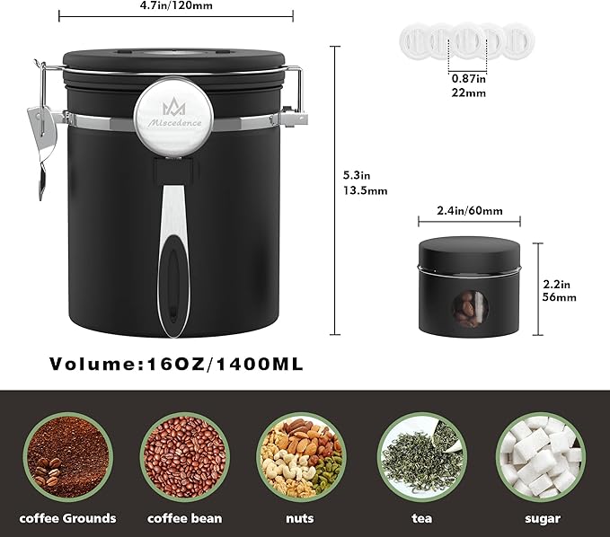 Coffee canister set for ground coffee with Date Tracker,Co2 Valve,Travel jar,Stainless Steel Kitchen Food Airtight storage container for Coffee Beans or Grounds,Tea,Sugar (16oz-Black)-Ruum Studio Home