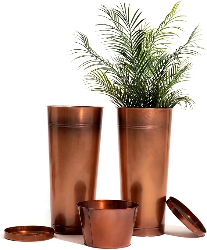 28in Tall Antique Copper Metal Vintage Planter Set of 2,Galvanized Steel Planter Pots for porches/Indoor/Outdoor/terraces Patio- Copper Color(2planters,2inner pots with Holes, 2trays)-Ruum Studio Home
