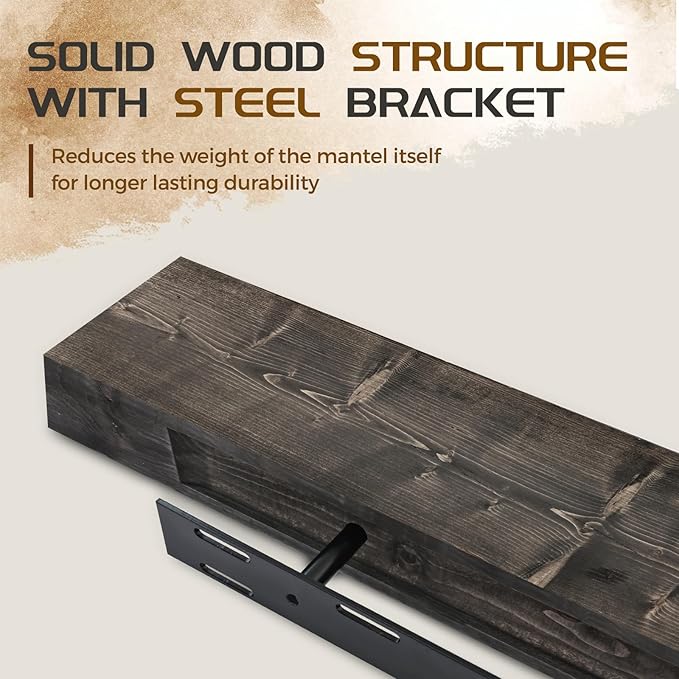 48x7x3 Fireplace Mantel - Solid Rustic Wood - Wall Mounted Floating Shelf with Invisible Heavy Duty Steel Bracket (Weathered Black)-Ruum Studio Home