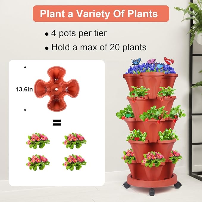 Vertical Planter, 5 Tier Stackable Strawberry Planter with Garden Tool Set, Movable Indoor/Outdoor Garden Herb Pot for Growing Vegetables and Succulents, Red-Ruum Studio Home