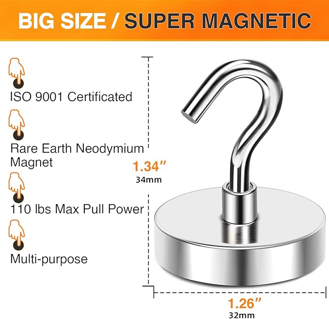 MIKEDE Strong Magnetic Hooks, 110Lbs Heavy Duty Magnetic Hooks for Cruise Cabin, Neodymium Earth Magnets with Hooks for Hanging, Super Metal Industrial Magnetic Hanger for Grill, Cruise, Storage-Ruum Studio Home