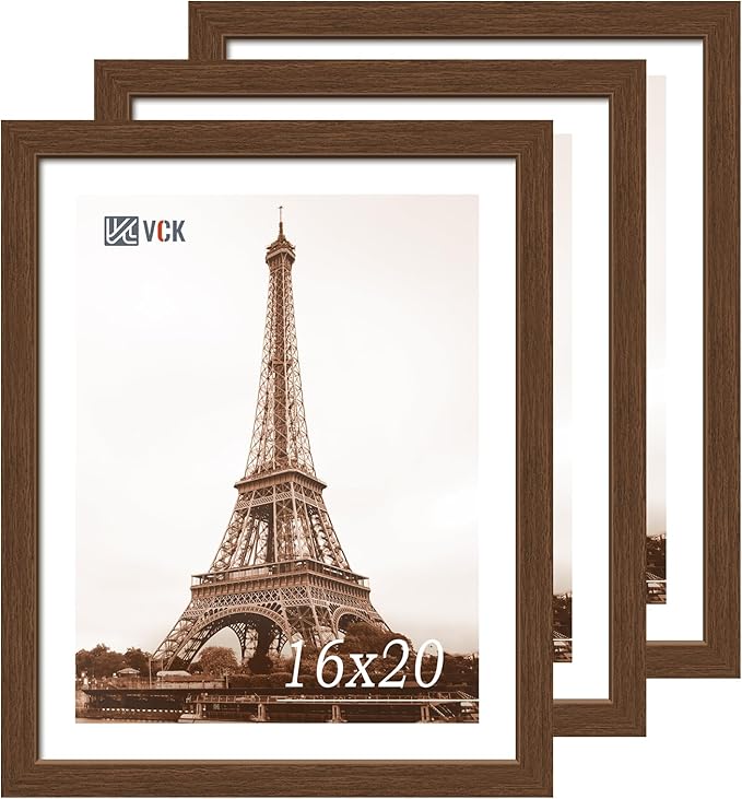VCK 16x20 Picture Frames for Wall 3 Pack, Brown Wood Poster Frame with Exclusive Wood Grain, Wall Mounting Hanging-Ruum Studio Home