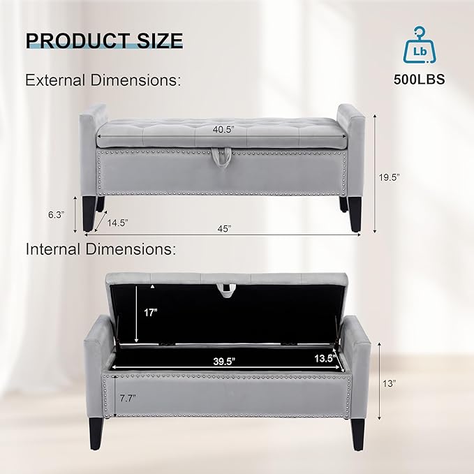 Storage Ottoman Bench, Velvet Upholstered Footstool for Bedroom and Living Room, Tufted Seat with Storage, Wooden Legs & Metal Rivets, Grey-Ruum Studio Home