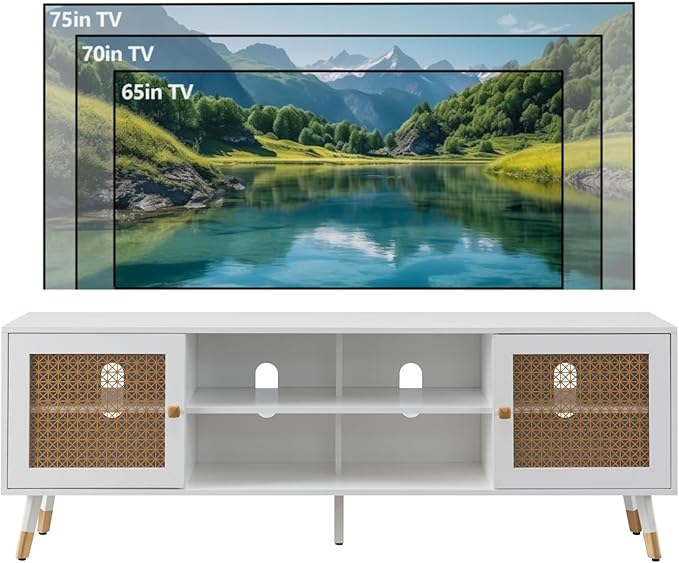 JYED Mid Century Modern TV Stand and Console for TVs Up to 75" - White Entertainment Center, 2 Gold Metal Mesh Doors & MDF Wood Grain, 15.8" D x 66" W x 23.5" H-Ruum Studio Home