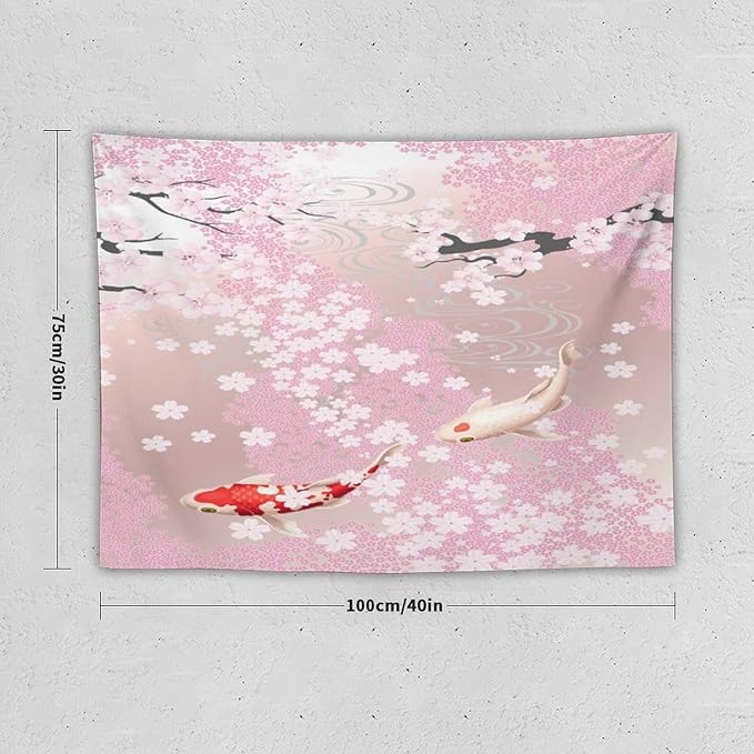 Houselerax Japanese Koi Fish Tapestry, Cherry Blossoms Asian Oriental Pink Flower Branch Koi Fish Carp Tapestries Wall Hanging for Bedroom Living Room Office Decor 40"x30"-Ruum Studio Home