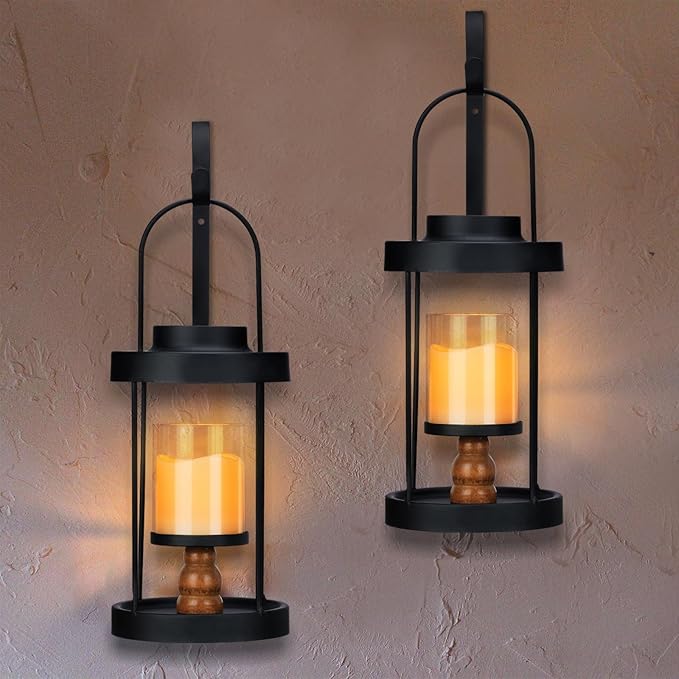 Metal Wall Sconce Candle Lantern Set of 2 - Black Wall Mounted Wood and Metal Hanging Holder with Glass & Candles Vintage Wall Decor for Porch, Living Room, Dining Room, Bedroom Indoor Decor-Ruum Studio Home
