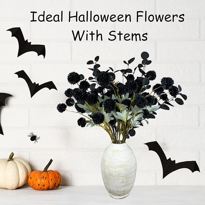 RyddeligHome Black Artificial Flowers for Centerpieces Bulk 10 Long Stems /50 Small Faux Silk Mum Balls + Black Eucalyptus Stems 2 Branches, Fall Boho Halloween Home Decor Indoor, Gothic Flowers-Ruum Studio Home