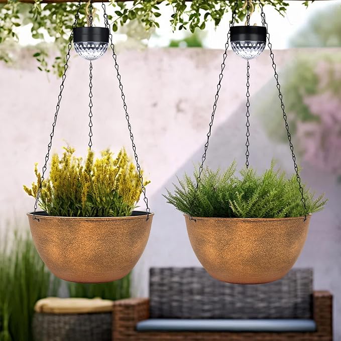 2 Packs Hanging Planters Basket for Outdoor Plants, Solar Powered Self Watering Bronze Round Plastic Flower Pots with Drainer for Balcony Patio Garden Outdoor Decoration-Ruum Studio Home