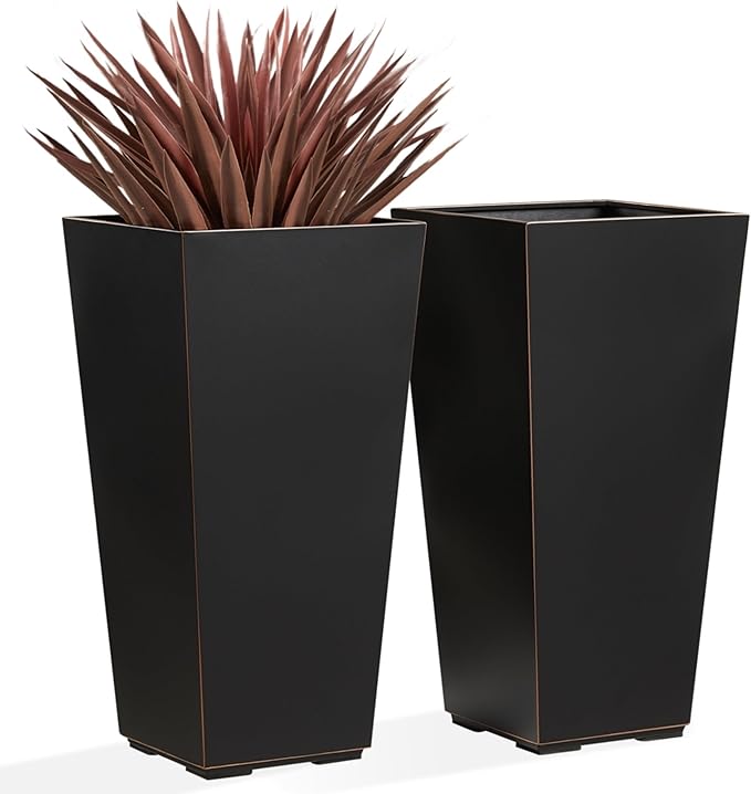 Metallic Taper Planter, 26 Inch Tall Tapered Planter for Front Porch, Patio, Deck, Garden Indoor/Outdoor Tree Planters, Set of 2 Black with Copper Hand Brushed Rim-Ruum Studio Home