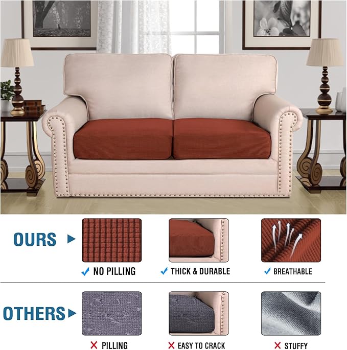 H.VERSAILTEX Super Stretch Individual Seat Cushion Covers Sofa Covers Couch Cushion Covers Slipcover Sets Thick Jacquard Textured Twill Fabric (2 Piece Medium Sofa Cushion Covers, Rust)-Ruum Studio Home