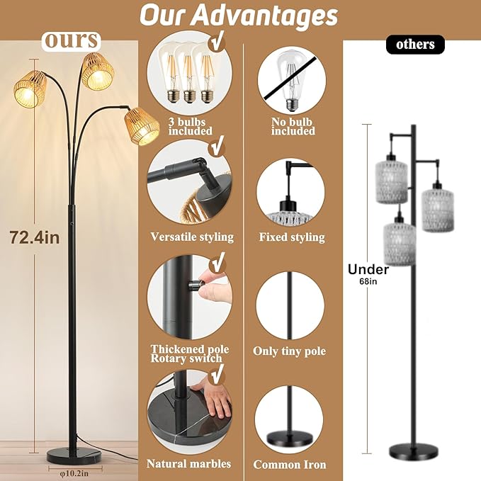 Rattan Floor Lamp for Living Room, 72 Inch Tall Boho Floor Lamp with Rotary Switch, 3 Light Arc lamp with Wicker Shade for Coastal,Bohemian,Rustic,Beach Tree,Farmhouse Standing Lamp-Ruum Studio Home