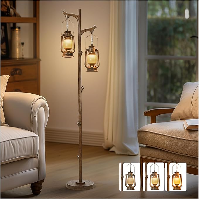68" Rustic Farmhouse Tree Trunk Floor Lamp Country Brown Finish Wood Vintage Standing Tall Lamp with Lantern Stepless Dimmable Industrial Floor Lamp Decor for Bedroom Living Room Office Hotel-Ruum Studio Home