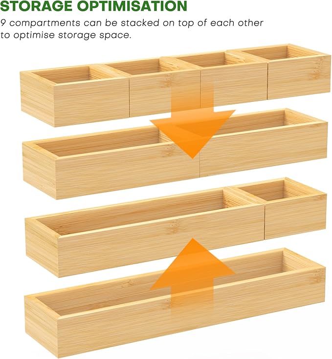 Bamboo Drawer Organizer Set, 9 PCS Multi-Use Individual Wood Storage Organizers, Junk Drawer Divider and Storage Trays Containers for Kitchen, Bathroom, Office Desk, Makeup, Jewelry, Utensils-Ruum Studio Home