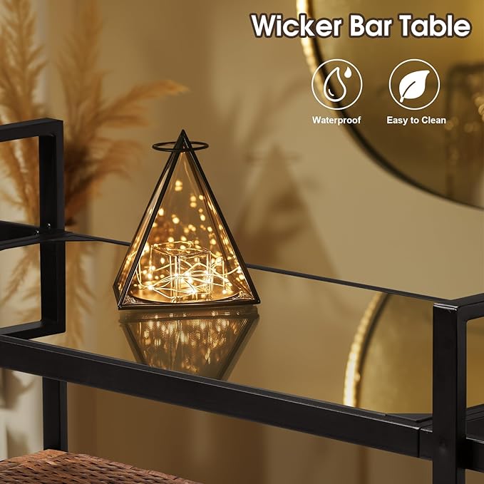 VINGLI Wicker Outdoor Bar Cart with Storage and Wheels, Outdoor Bar Table Serving Cart Rattan Bar Cart with Glass Top and Shelf for Pool, Party, Backyard, Porch (Brown)-Ruum Studio Home