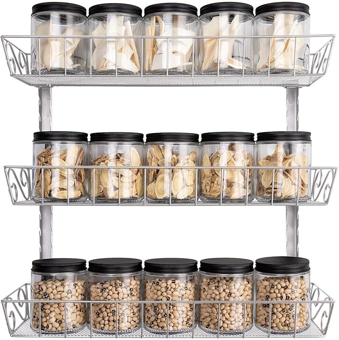 SWOMMOLY Adjustable Wall Mount Spice Rack, 3-Tier Dual-use (Multi-use) Organizer, Silver-Ruum Studio Home