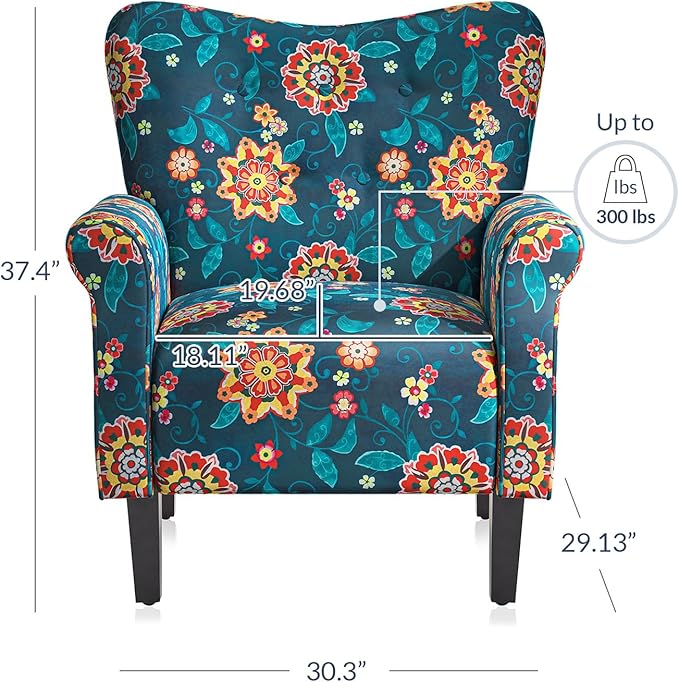 BELLEZE Modern Accent Chair for Living Room, High Back Linen Armchair with Wooden Legs, Upholstered Wingback Side Chair Padded Armrest Single Sofa for Living Room, Bedroom - Allston (Blue & Flower)-Ruum Studio Home