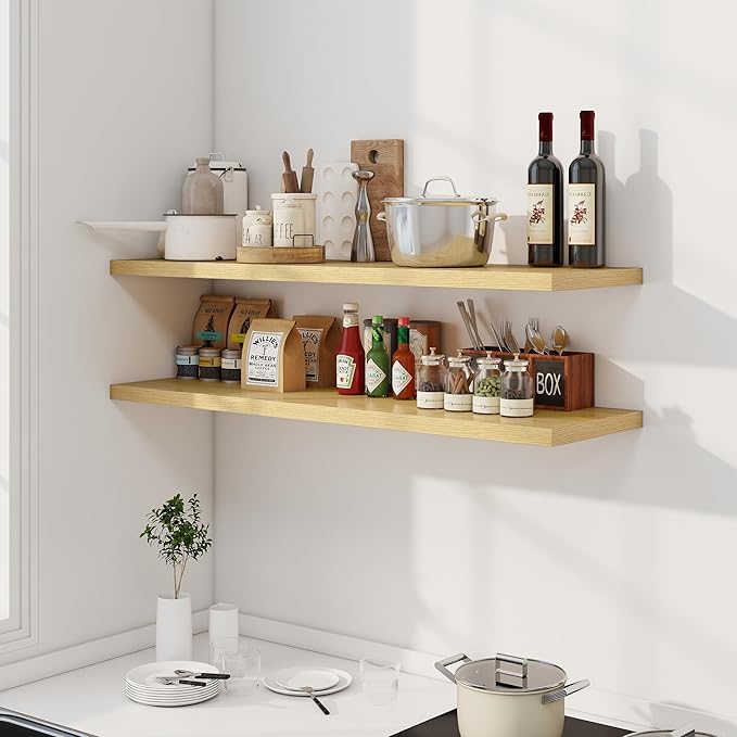 48" Floating Shelves for Wall, 12" Deep Slim Oak Floating Shelves, Wall-Mounted Shelves for Bedroom, Living Room, Kitchen, Bathroom - Set of 2-Ruum Studio Home