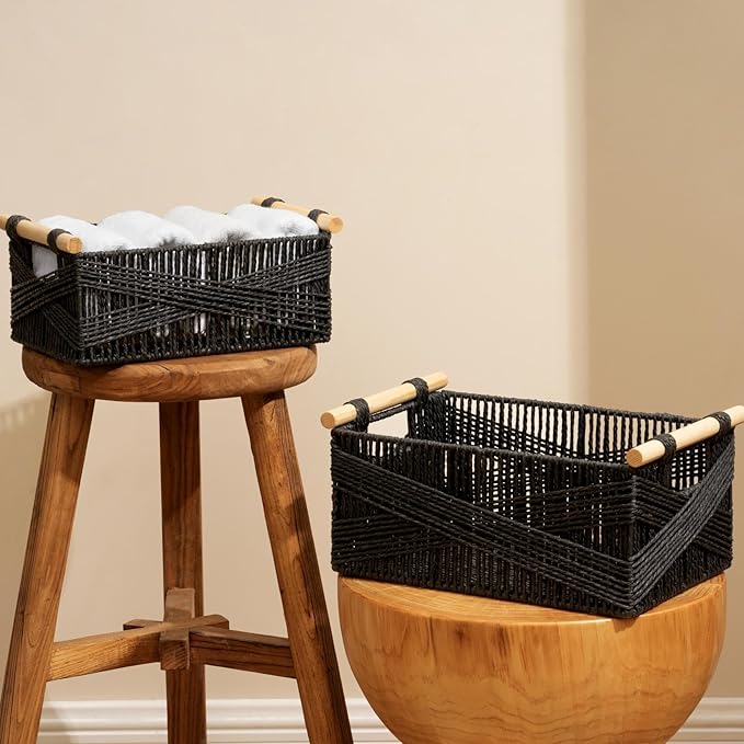 LA JOLIE MUSE Wicker Storage Baskets for Organizing, Recyclable Paper Rope Basket with Wood Handles, Decorative Hand Woven Basket Organizers for Makeup Books Shelves Living Room, Black, Set of 2-Ruum Studio Home