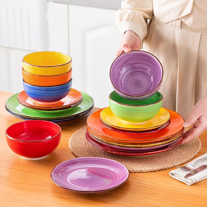 vancasso Bonita Dinnerware Set Muticolor Stoneware 18 Pieces Service for 6, Handpainted Spirals Pattern Stoneware Plates and Bowls Set-Ruum Studio Home