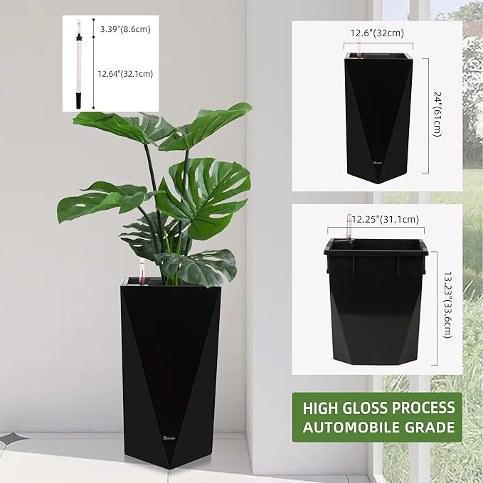 Dexceder 24 Inches Tall Self Watering Planter Diamond High Gloss Indoor Outdoor, Thickened Rhombus Large Floor Standing Flower Plant Pot with Water Level Indicator (Black)-Ruum Studio Home