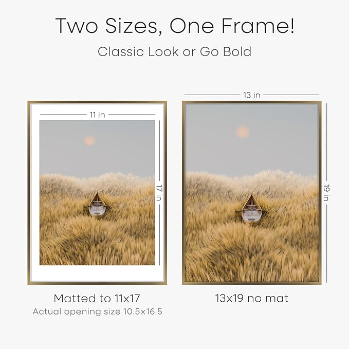 Homeforia 13x19 Picture Frame Bronze, High End Metal 13x19 Brass Poster Frames with Mat 11x17 for Photo, 13 x 19 Frame Matted to 11 by 17 Print, 19x13 Hanging Frame, Tempered Glass, Wall Kit, Set of 1-Ruum Studio Home