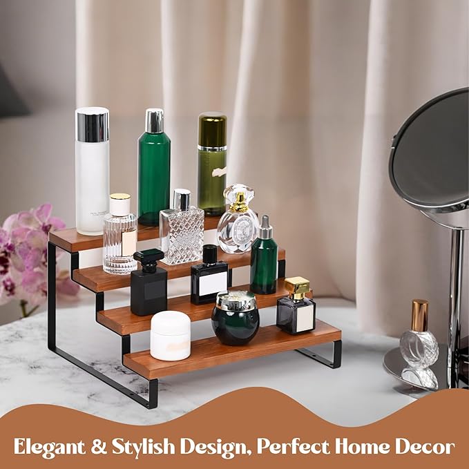 4 Tier Wooden Display Riser Stand Perfume Organizer with Metal Stand, Dessert Table Display Set, Food Display Stands for Party, Brown Rustic Solid Wood Shelf for Cupcakes, Perfume, Cologne, Spiece-Ruum Studio Home