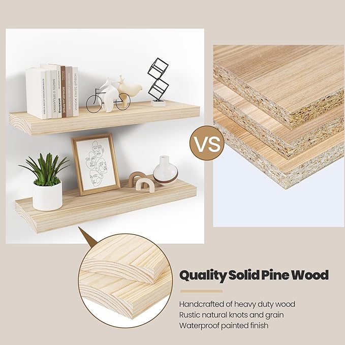 Natural Wood Floating Shelves 16”x 8”x 1.4” Book Shelf Floating for Wall Mounted, Heavy Duty Shelf Hold 35 lbs, Unfinished Wall Shelves for Bathroom, Living Room, Kitchen, Bedroom, Office-Ruum Studio Home
