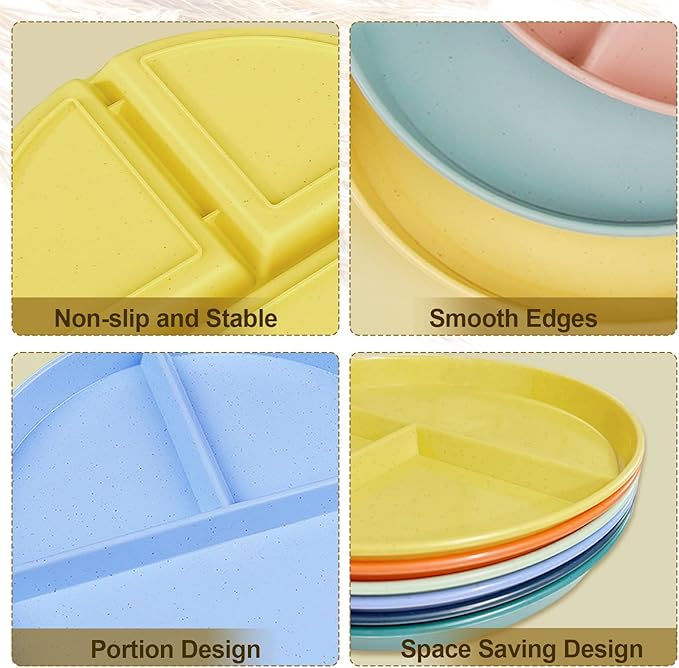 Divided Plates for Adults (8 Packs), Unbreakable Portion Control Plate Sectioned with Dividers, 9 Inch Plastic Food Separator Dinner Plates Lightweight Compartment BPA Free Reusable Microwave Safe-Ruum Studio Home
