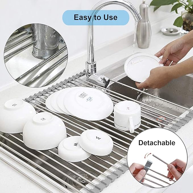 Searik Roll up Dish Drying Rack, Over The Sink Rolling Dish Drainer Rack Multipurpose Foldable Kitchen Stainless Steel Dish Rack Sink Drying Rack for Kitchen Sink Counter (17"x 15.7")-Ruum Studio Home