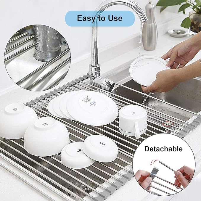Searik Dish Drying Rack Roll Up Sink Drying Rack, Over The Sink Dish Rack Multi-Use Stainless Steel Dish Drainers Heat Resistant Mat for Drying Draining Trivet (17.7"x13.8")-Ruum Studio Home