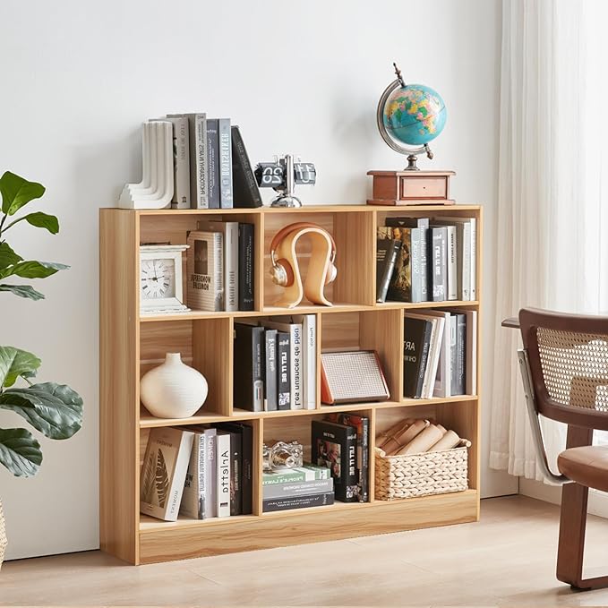 LEYAOYAO 10 Cube Bookshelf with Base,3 Tier Mid-Century Modern Grey Bookcase,Standing Wide Bookshelves Storage Organizer Shelf,Rustic Wood Display Cabinet Book Shelves for Bedroom,Living Room,Office-Ruum Studio Home