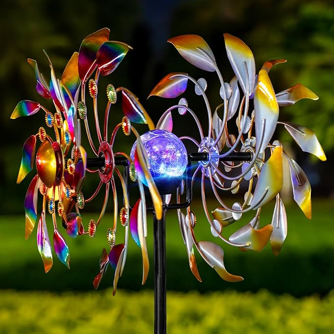 Solar Wind Spinners for Yard and Garden - 360° Metal Large Wind Sculptures Outdoor Clearance Kinetic Windmills with 4 Layer Jeweled Blades for Patio, Lawn Garden Decoration - 54Inch-Ruum Studio Home