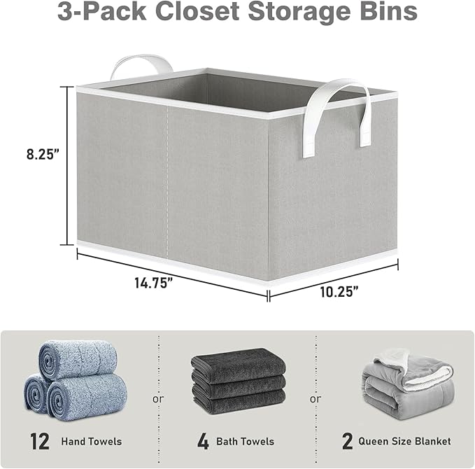Closet Storage Bins, Fabric Closet Organizers and Storage Basket for Shelves, Collapsible Shelf Baskets for Organizing Shelves, Bedroom Clothes Basket, Gray, 3 Pack-Ruum Studio Home