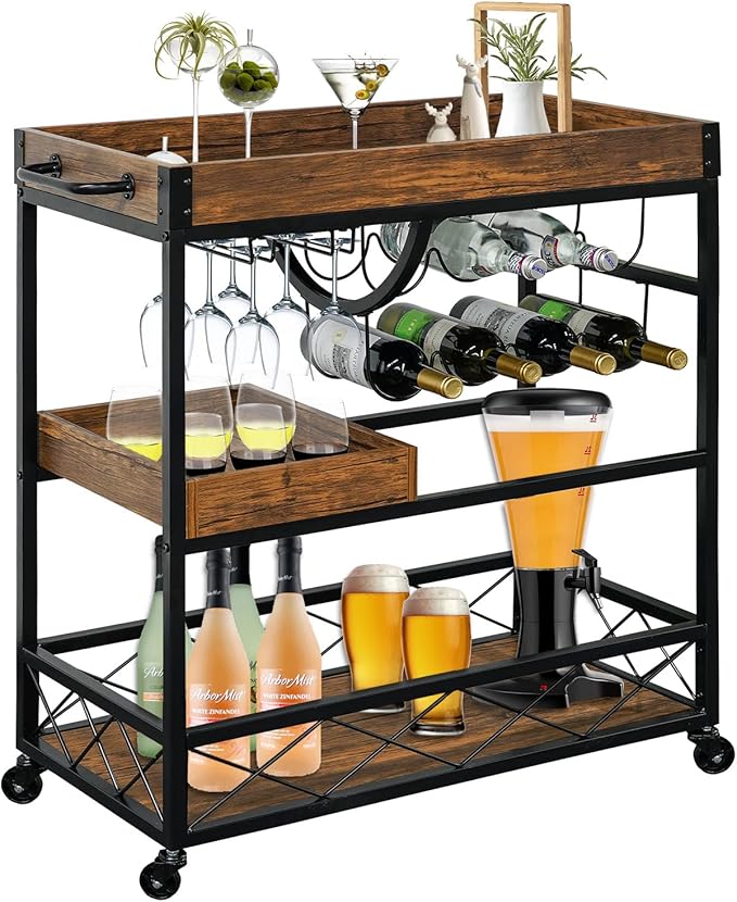 Bar Cart for The Home, 3 Tire Industrial Rolling Serving Cart on Lockable Wheels, Alcoholic Beverage Trolley with 2 Removable Trays, Wine Rack and Glass Holder for Indoor, Outdoor-Ruum Studio Home