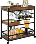 Bar Cart for The Home, 3 Tire Industrial Rolling Serving Cart on Lockable Wheels, Alcoholic Beverage Trolley with 2 Removable Trays, Wine Rack and Glass Holder for Indoor, Outdoor-Ruum Studio Home