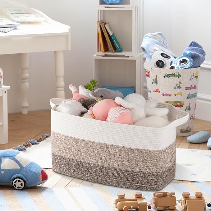 OIAHOMY Rectangle Woven Storage Basket - Nursery Cotton Rope Baskets for Storage, Toy Basket Organizing for Living Room, 17.7"x13.8"x11"- Pack of 3 - Gradient Yellow-Ruum Studio Home