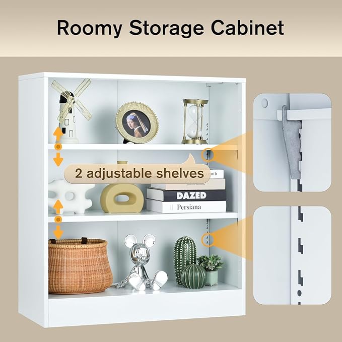 3-Tier Bookshelf with Adjustable Shelves, White Metal Space Saving Storage Shelf Bookcase, Small Open Storage Shelf for Living Room, Home Office, Dinning Room, Pantry (White-36H)-Ruum Studio Home