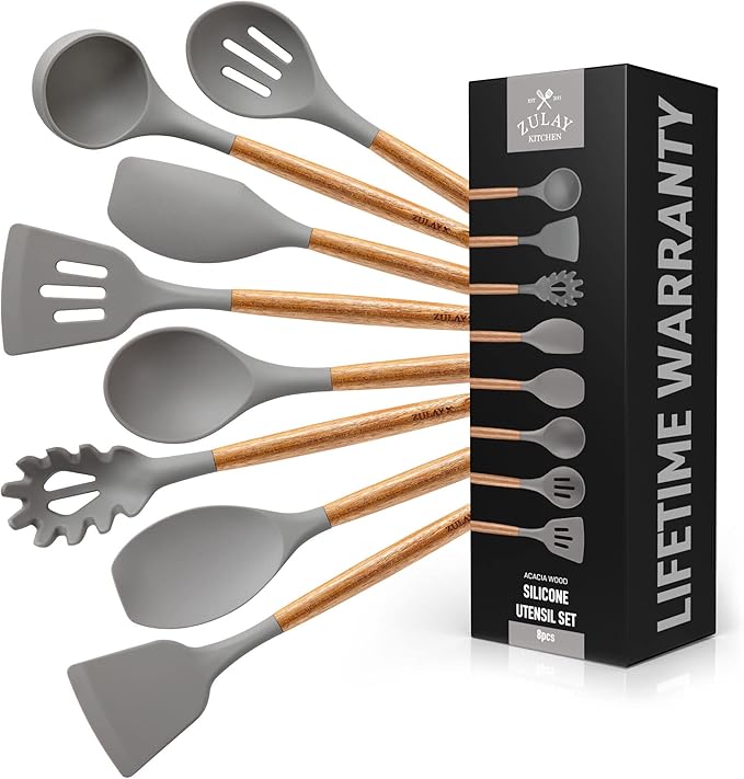 Zulay Kitchen Utensils Set Non-Stick Silicone Cooking Utensils Set with Authentic Acacia Wood Handles - 8 Piece Set - Silicone Kitchen Utensils Set with 464°F Heat Resistance - Gray-Ruum Studio Home