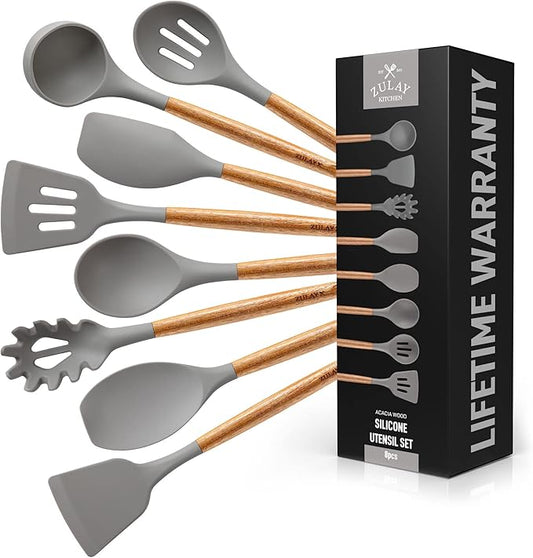 Zulay Kitchen Utensils Set Non-Stick Silicone Cooking Utensils Set with Authentic Acacia Wood Handles - 8 Piece Set - Silicone Kitchen Utensils Set with 464°F Heat Resistance - Gray-Ruum Studio Home